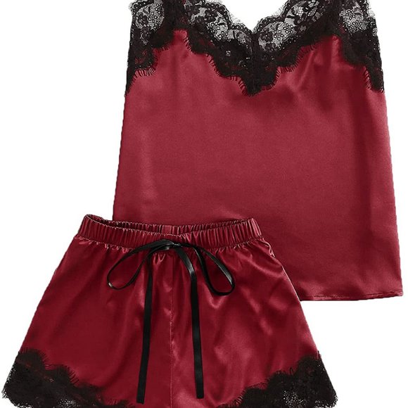Wine Lace Satin Sleepwear Cami Top and Shorts Paja - Picture 2 of 10